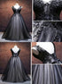 Ball Gown V Neck Floor Length Tulle Black Applique Prom Dress LBQ1672